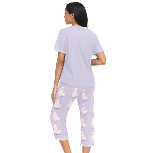 Womens Pajama Sets Two Piece Sleep Shirt Short Sleeve Cartoon Print Pj Set Tops with Pants S-XXL3
