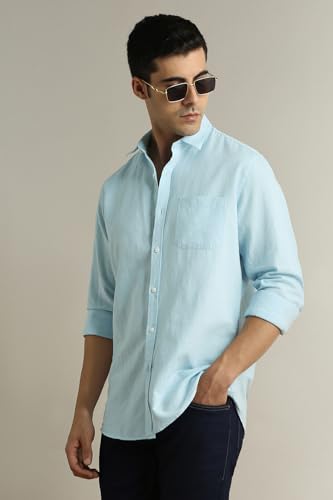 Image of Peter England Men's Solid Linen Blend Shirt Slim Fit| Casual Wear | Full Sleeves