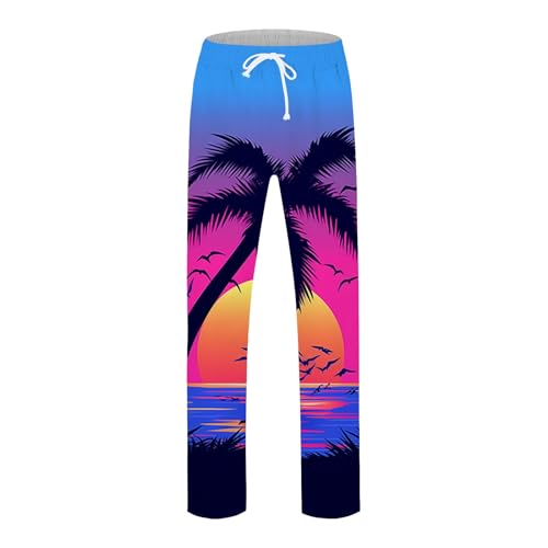 Generic Mens Linen Pants Beach Hawaii Print Casual Summer Casual Pants Elastic Waist Drawstring Baggy Trousers with Pockets, XX-Large3