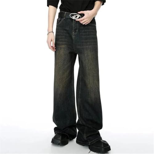 Men's Jeans Retro Washed Straight Denim Trousers Wide Leg Pants2