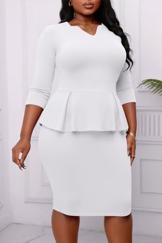 Runwind Plus Size Dress for Curvy Women Church Work Bodycon Dresses Vintage Peplum 3/4 Sleeve Sheath Pencil Dress2