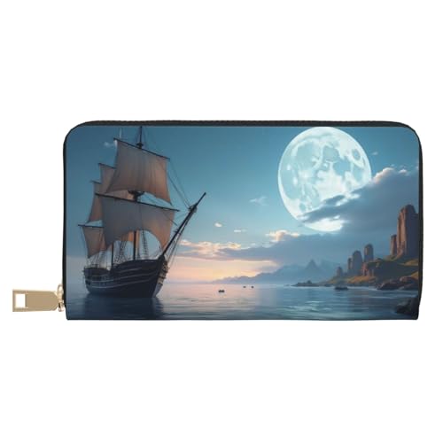Classic Blue Sailboat Moon Print Wallet Women, Leather Bifold Multi Card Wallet, Long Purse Women's Wallets