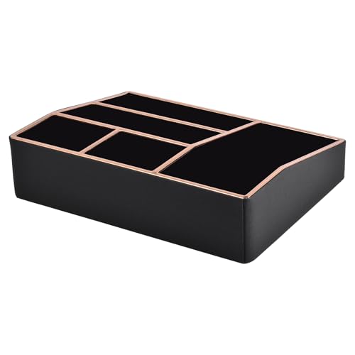 Image of PU Leather Makeup Organizer Tray,Large Vanity Organizer,Cosmetic Storage Box for Lipstick Brushes Skincare Perfume,Cosmetic Display Case Rose Gold-trimmed for Dresser,Bathroom Countertop(Black)