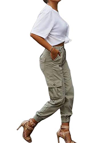 ORANDESIGNE Pantalon Cargo Femme Fille Style Urbain Pantalon de Jogging décontracté à Jambe Droite Taille Haute Baggy Pantalon Pantalon de Jogging Kaki, L