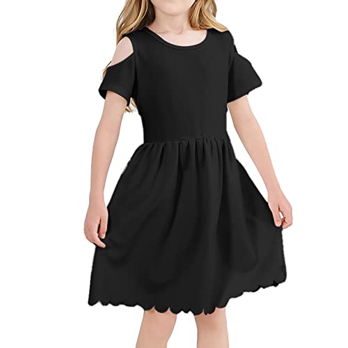 VASCHY Girls' Scallop-Detail Cutout-Sleeve A-Line Dress for Wedding/Birthday/Party Swing Twirly Summer Outfits Clothes Kids