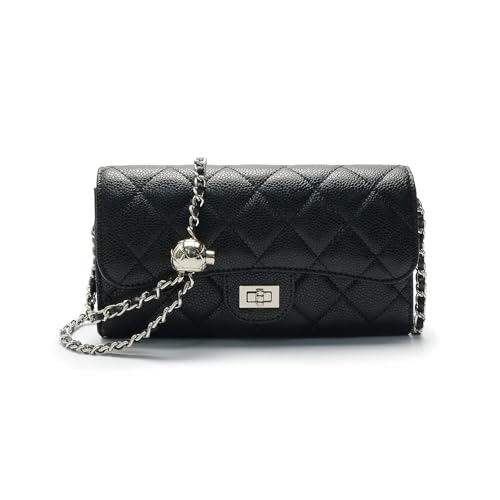 2R Quilted Leather Crossbody Wallet with Chain Strap, Black