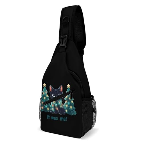 Cat and Christmas Tree Crossbody Sling Backpack Casual Chest Bag Fanny Pack for Women Men Travel Hiking