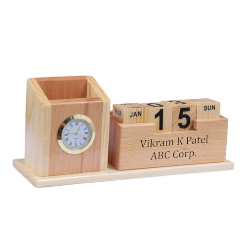 Image of EpicLane Customizable Wooden Pen Holder with Clock, Visiting Card Holder & Mobile Stand | Personalized Name Engraving Desk Organizer (Infinity)