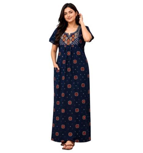 Image of Women's Pure Cotton Maxi Nighty, Jaipuri Embroidery Print, Short Sleeve Night Gown with Pocket