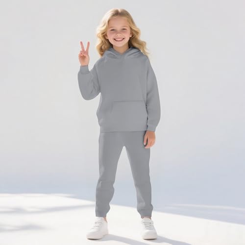 Teens Solid Color SweatSuit Long Sleeve 2 Piece Hoodie Pullover Athletic Cargo Joggers Oversized Sweatpants with3