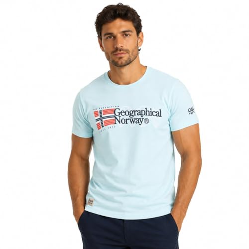 Geographical Norway Jaramont Men t-Shirt Homme col Rond Manches Courtes – Tee Shirt avec Impression et Badge Poitrine et Manche, t-Shirt Casual Confortable Style Sport (Bleu Ciel L)