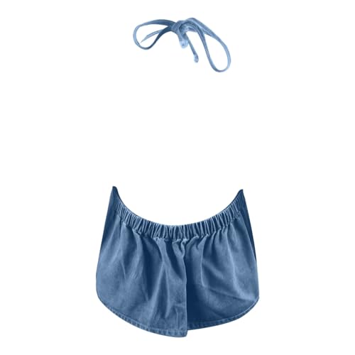 Caxndycing Chaleco de mezclilla para mujer, sin mangas, sexy, vintage, vaquero, cuello de pico, con cuello halter corto, corte estrecho, chaleco vaquero, azul claro, L