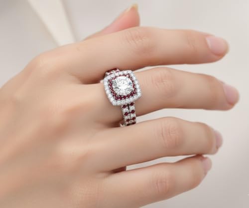 Image of 55Carat Choose Your Gemstone Double Band Square Halo Diamond CZ Ring 925 Sterling Silver Round Shape Halo Engagement Rings Everyday Jewelry Wedding Jewelry Handmade Gifts for Wife US Size 4 to 12