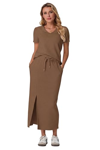 Image of GRECERELLE Women Summer Casual 2 Piece Sets V-Neck Wrinkle-Free Top & Elastic Waist Midi Side Slit Skirt with Pockets