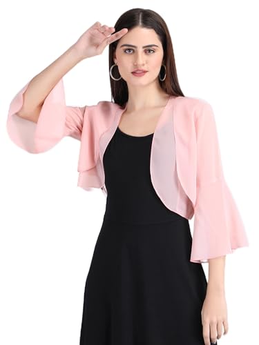 Image of AOL Women's Cropped Layered Lightweight Sheer Three-Fourth Bell Sleeves Georgette Open Neck Shrug Bolero