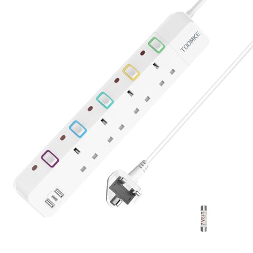 Extension Lead with USB Slots Toomke 4 Way Plug Extension Socket with 2 USB-A and 1 USB-C Mountable Power Strip with Individual Switches UK Plug Socket 1.5m Extension Cord 13A 3250W