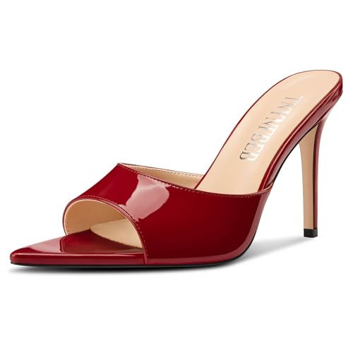 Image of TNYNFBEB Womens Stiletto High Peep Open Pointed Toe Sandals Mules Shoes Slip-on Slingback Office Party Dress Patent Leather Summer 3.9 Inches Heels