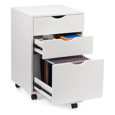 HollyHOME 3-Drawer Wood File Cabinet, Under Desk Cabinet for Home Office, Rolling Storage Cabinet for Home, Printer Stand, for A4, Letter-Size Files, 11.8in Hanging File Folders, White Cover