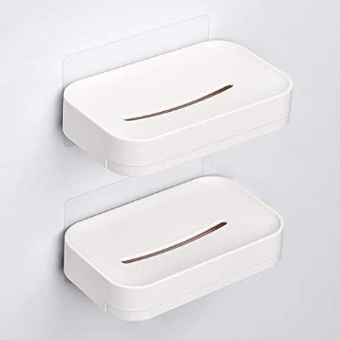 YOHOM 2 Stück Dusche selbstklebend seifenschale Mit Abtropfwanne ohne Bohren Weiße Badezimmer Wandmontage seifenhalter Küche Hängende Schwammhalter Cover