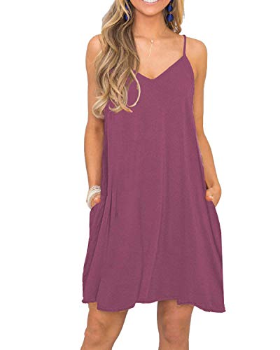 Image of Women's Summer Spaghetti Strap Casual Swing Tank Beach Cover Up Dress with Pockets