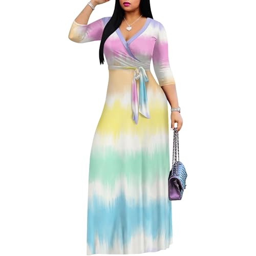 Image of PinkPatty Women's Plus Size Maxi Dresses Casual Flowy 3 /4 Sleeves Dress Printed Vacation Dress for Daily Wear with Belt