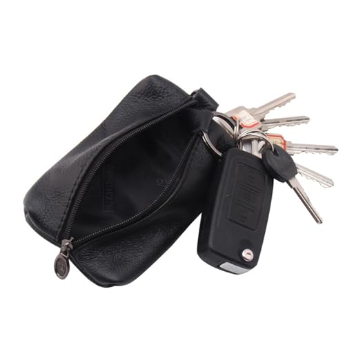 Unisex Genuine Leather Key Case Wallet Pouch Bag with Key Ring & Zipper Compact Key Holder Leather Wallet for Men & Women