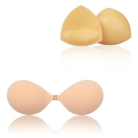 Lolaura Double Sided Sticky Bra - Bra Pads Inserts & Invisible Sticky Bra, Strapless Adhesive Bra (B Cup) Bundle, with 1 Pair 3inch Nipple Cover, Reusable & Washable, for Backless Dresses Cover