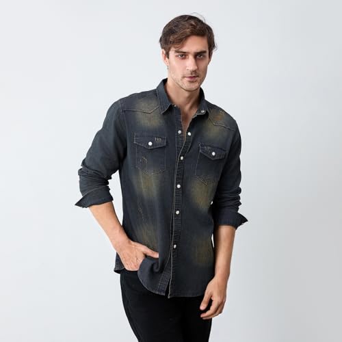 Owl's-Yard Men's Denim Button Down Shirts Solid Color Long Sleeve Lapel Denim Jacket Spring Autumn Casual Button Shirts2