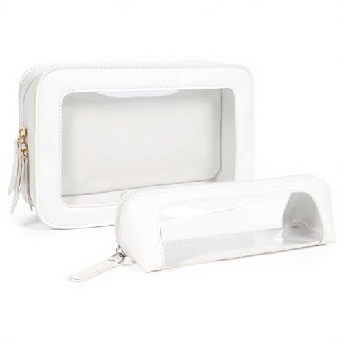 Image of LETGO 2Pack Clear Makeup Bags Set, Small Clear Makeup Bag, PU Leather Travel Makeup Brush Case Portable Transparent Waterproof Cosmetic Organizer Pouch with Zipper for Women(2Pack-White Set)