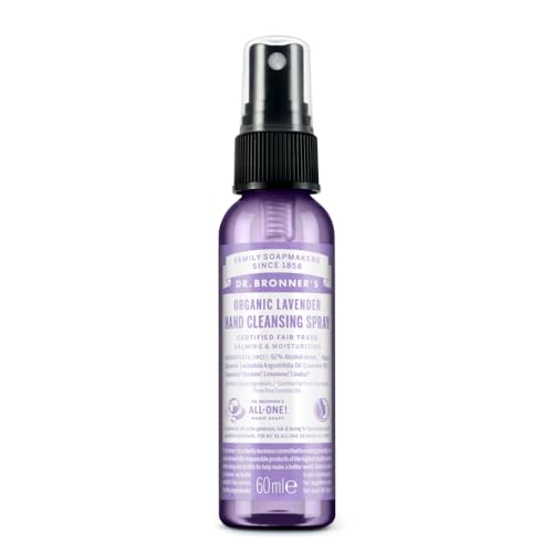Dr Bronner's Organic Lavender Hand Cleansing Spray, Made Organic Ingredients and No Harsh Chemicals, Used for Hands & Surfaces, Certified Fair Trade & Vegan Friendly, 60ml Spray Bottle