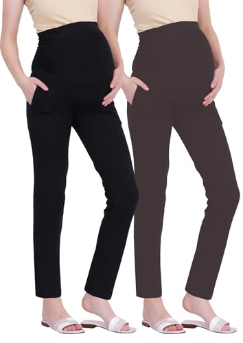 Image of Women's Maternity Leggings with Pockets - Comfortable, High Waist Support and Stretchable Pants for Pregnancy - Pack of 2