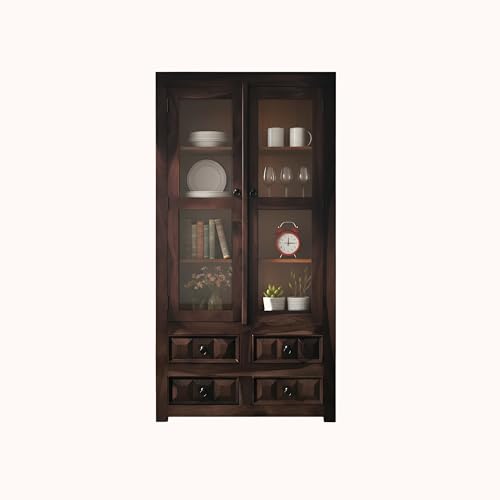Image of SONA Art & Crafts Solid Wooden Book Shelf Cabinet with Glass Rack and Drawer Storage for Home & Office Living Room | Crockery Cabinet for Kitchen Library (Walnut Finish)