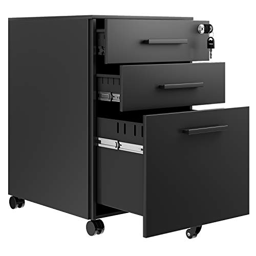 REYADE 3 Drawer Mobile File Cabinet, Metal Office Storage Cabinet with Lock and Handle, Under Desk Office Pedestal File Cabinet, Fully Assembled Except Wheels, Suitable for Legal/Letter/A4 File, Black