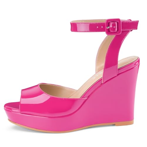 Image of Women's Dressy Platform Wedge Sandals Gold Wedges Peep Toe Patent High Heels Slingback Heeled Comfortable Ankle Strap Shoes