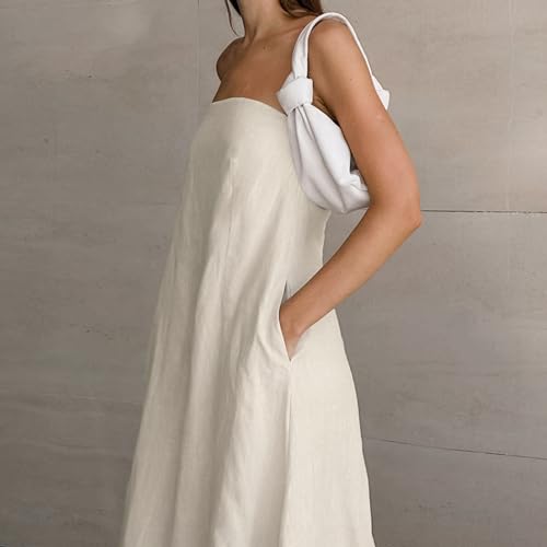 GVCXCSGE Women Strapless Linen Maxi Dress Tubular Top A-line Headband Long Beach Dress Casual Dresses, khaki, M - Image 3