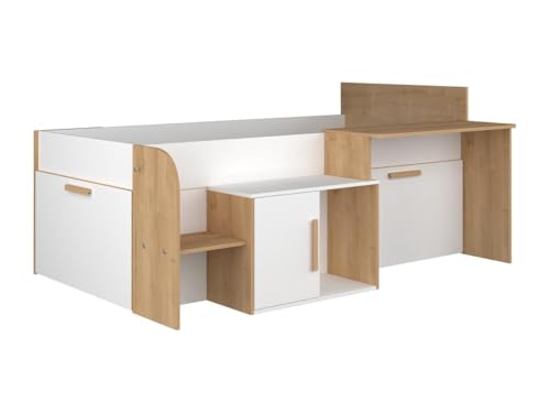 Vente-unique-Cama 90 x 200 cm con Escritorio y almacenaje - Color: Blanco y Natural - Pedro