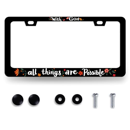 With God All Things Are Possible License Plate Frame Christian License Plate Holder for Front and Rear Car Tags Stainless Steel Black Funny License Plate Frames Car Decoration With Screws 12.2 x 6.2