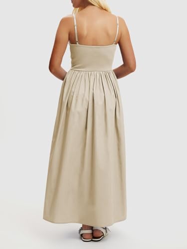 Image of Mieazom Women's Sleeveless V-Neck Maxi Dress with Pockets - Slim Fit Casual Summer Spaghetti Strap Dress for Vacation