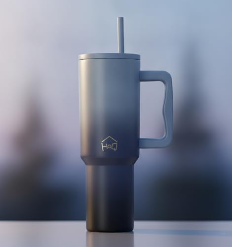 Image of House of Quirk 1200ML Stainless Steel Tumbler with Handle & Lid, 2 Straws - Large Travel Mug Water Cup for Gym, Office & Outdoor Use (Stone Wash)