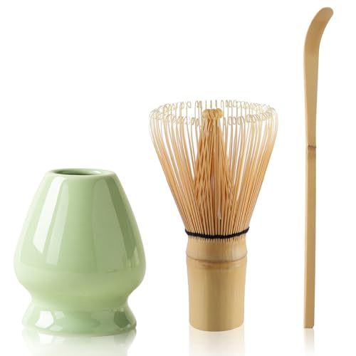 Matcha Tea Set Matcha Whisk, Ceramic Whisk Holder, Tea Scoop, Japanese Matcha Tea Tool Kit Set of 3(Light Green)