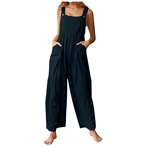 Womens Rompers for Summer, Sexy Jumpsuit Basic Cigarette Travel Oversized Rompers Ladies Breathable Fall Drawstrin Rompers Easy Thin Split Comfort Overall Woman Navy L