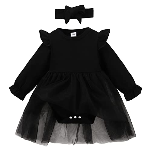 SOBOWO Newborn Infant Baby Girl Romper Dress Tutu Ruffle Long Sleeve Tulle Solid Onsies Dresses Fall Outfits with Headband