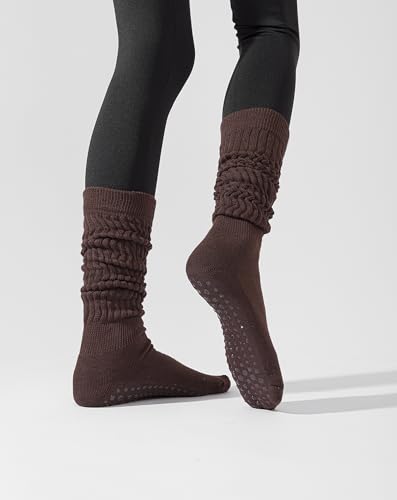Image of Yawlsow Slouchy Pilates Socks with Grips for Women Scrunch Yoga Grippy Non Slip Long Socks for Barre Workout Hospital