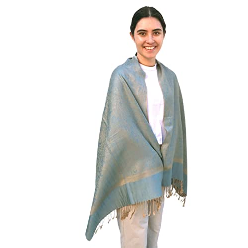 Silverfever Women's Shawl Vintage Jacquard Paisley Pashmina Special Occasion Wrap Evening Scarf Double Sided Stole (Champagne/Blue) #TOP1