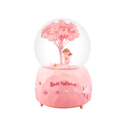 Cherry Blossom Angel Snow Globe, 82mm Water Globe Music Box with Color Changing LED Lights and Automatic Snowflakes, Birthday Christmas Festival Gift for Girls Granddaughters Babies(B)