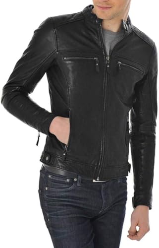 Image of Luis Leather Mens Slim Shady Black Lambskin Leather Jacket, Biker Jacket