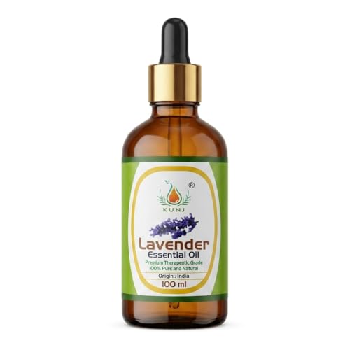 Image of KUNJ Lavender Essential Oil 100ml - 100% Pure & Natural Steam Distilled Oil for Sleep Support, Stress Relief, Relaxation, Aromatherapy, Diffuser & Skin Care