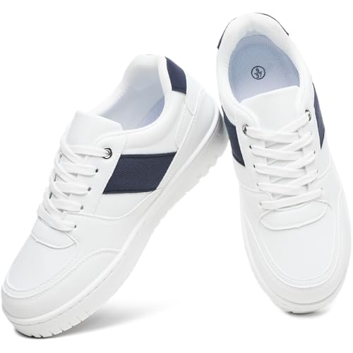 Eydram White Sneakers for Women Memory Foam Insole PU Leather Casual Shoes Slight Platform Lace Up Low Top Tennis Walking Shoes for Women (White Navy US8)
