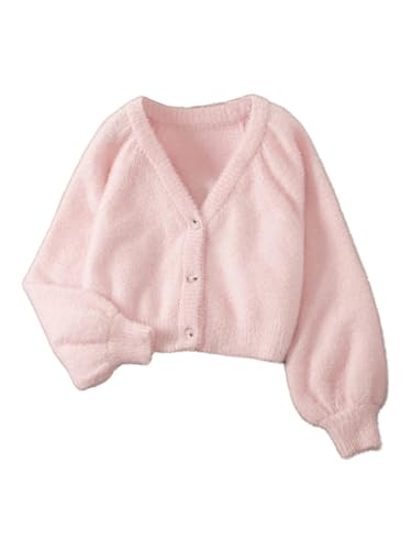 SHENHE Girl's V Neck Button Down Long Sleeve Fuzzy Cardigan Casual Cute Sweater Top
