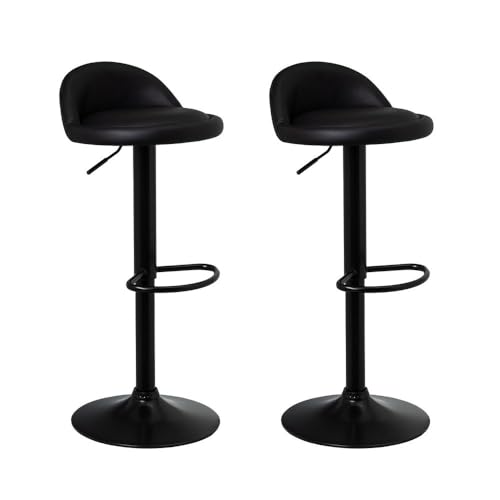 LOLAhome Set de 2 Taburetes de Cocina Giratorios en 360°, Juego de Sillas de Bar Regulables en Altura de 72 a 92 cm, con Respaldo de Polipiel, Estructura Metal Negra y Reposapiés, Negros